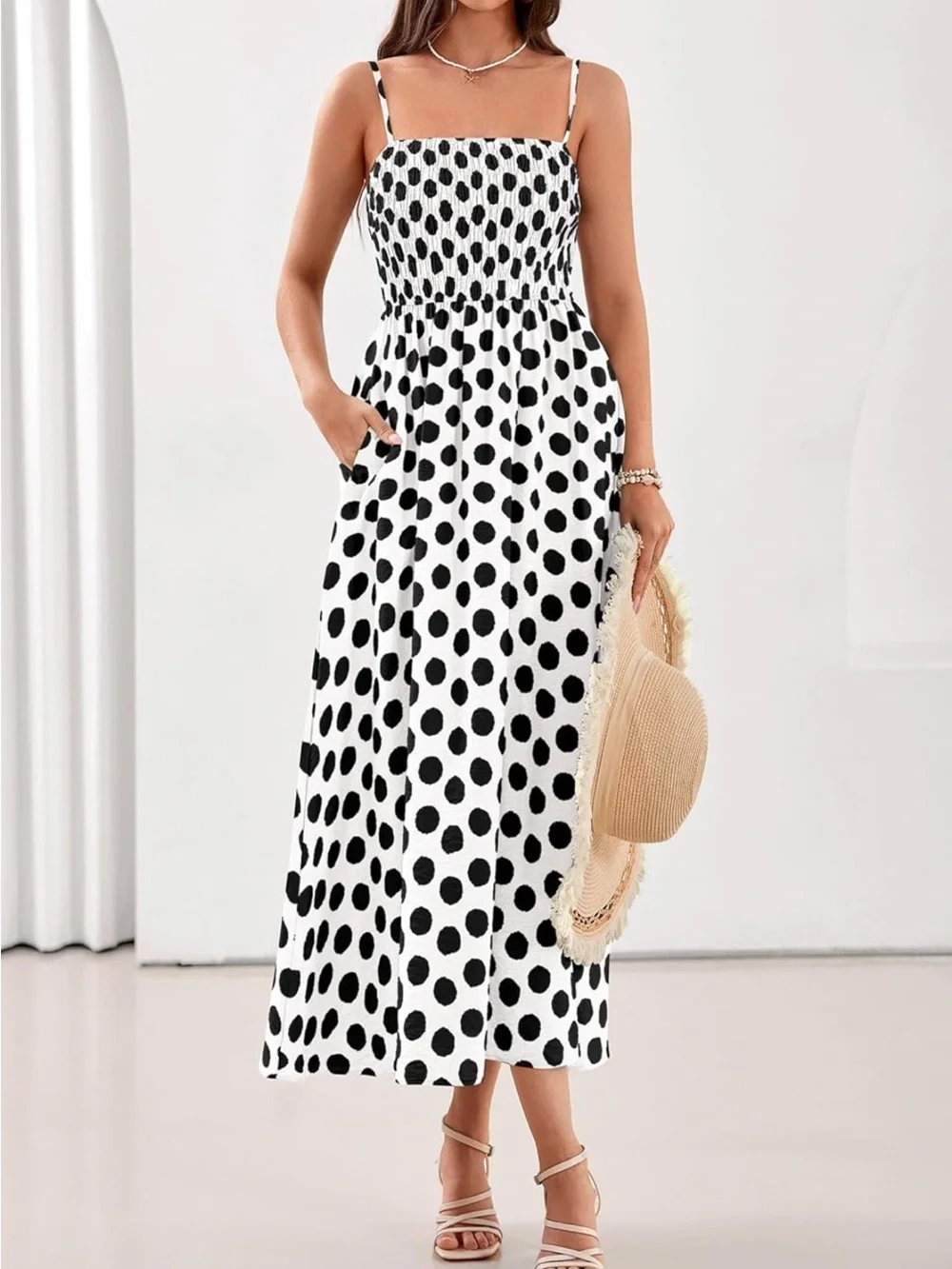 #31 Pretty Garden Polka Dot Smocked Bodice Maxi Dress - Black & White - Picture 3 of 5